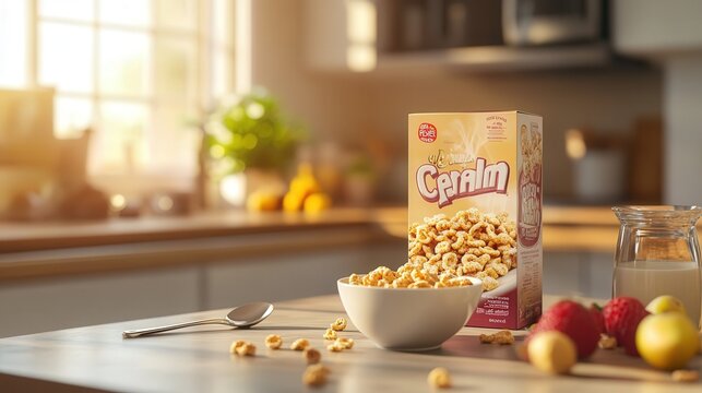 box of cereal displayed on a kitchen counter, with a spoon and a bowl of cereal with milk, set against a bright morning backdrop