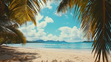 Naklejka premium Tropical Beach Scene with Framed Palm Leaves and Clear Blue Sky