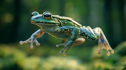 Obraz premium A dynamic scene of a frog leaping joyfully, its green body and textured skin glowing under sunlight, natural tones of the forest in the background. 