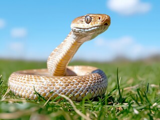 Fototapeta premium Close up of a coiled rattlesnake in grass with a blue sky background. Dangerous reptile.
