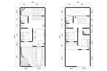 2 dimension floor plan and furniture layout design of two storey house 82 meters squares, vector lines black isolated on white background. Set 2