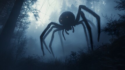 A giant spider, its shadow stretching through the foggy forest, glowing web strands barely visible in the dense mist, heightening the suspenseful mood. 