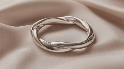 Naklejka premium A close-up of a polished silver bracelet lying on a smooth beige surface, offering plenty of space for clean, modern jewelry visuals.
