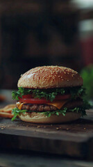 Juicy cheeseburger on wooden board, sesame seed bun, lettuce, tomato