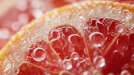 A vibrant macro shot of a fresh grapefruit slice with glistening juice droplets. Perfect for refreshing backgrounds, posters and marketing designs.