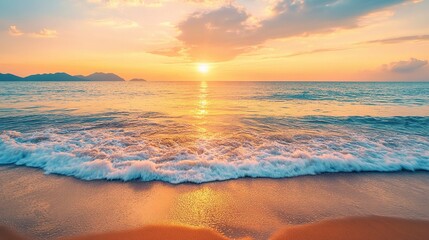 Serene Sunset Over Calm Sea at Golden Sandy Beach Panorama