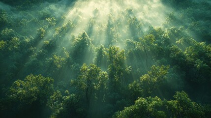 Naklejka premium Sunbeams piercing misty forest canopy.