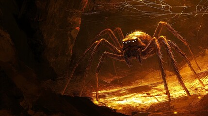 A looming spider with glinting eyes perched on glowing webs in a pitch-dark cave, faint light revealing intricate silk patterns and adding to the eerie mood 