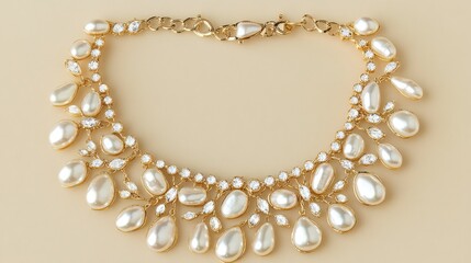 Obraz premium A luxurious pearl necklace on a soft, neutral background, with clean lines and ample space for minimalistic design or text.