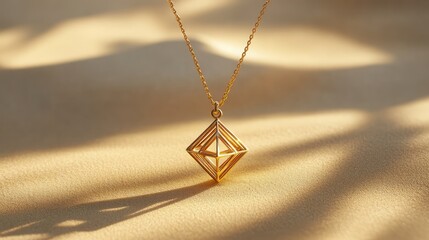 A minimalist pendant with a geometric design on a delicate chain, placed on a light-colored surface, offering ample space for branding or design.