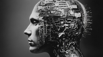 Monochrome depiction of a futuristic cyborg head with intricate circuitry