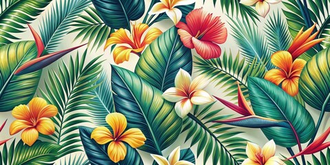 Vibrant Tropical Floral Pattern Featuring Lush Green Foliage and Exotic Blooms in a Seamless Design Ideal for Textile Prints, Wallpaper, or Decorative Applications