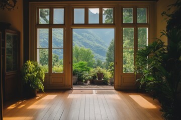 Fototapeta premium Serene indoor space with large windows, inviting natural light, lush greenery visible outside, perfect for relaxation or creativity.