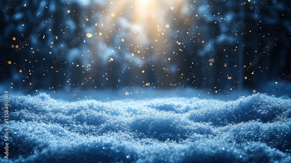 Poster magical winter scene sparkling snow drifts under soft sunlight filtering through a snowy forest.