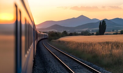 Scenic train ride at sunset through rolling hills and golden fields with magnificent mountain views, Generative AI
