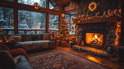 Cozy Christmas cabin living room with fireplace, tree, and snowy view.
