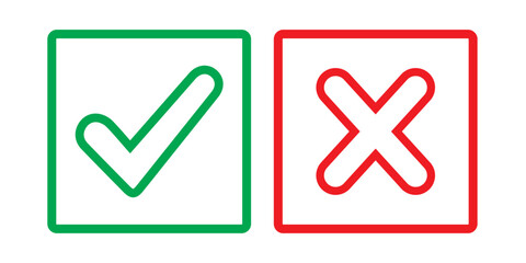 Check mark icon button set. Check box icon with right and wrong buttons and yes or no checkmark icons in green tick box and red cross.