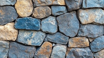 Fototapeta premium Dry-stacked stone wall with blue, brown, and tan stones