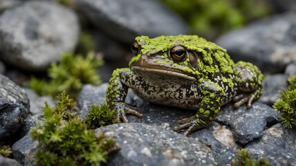 Obraz premium Hidden in Nature: Common Toad Blends with Stones and Green Lichen