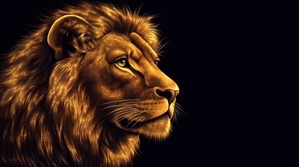 Naklejka premium Majestic lion portrait, golden fur, dark background, profile view.