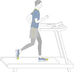 ジムのランニングマシンで走る笑顔の若い男性