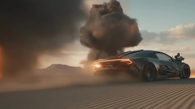 A closeup of two armored soldiers exchanging fire from behind a hovering car the ground littered with debris and smoke rising into the air while electrifying lights from nearby structures