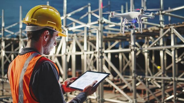 Construction worker in safety vest and helmet operating tablet while drone hovers near scaffolding, monitoring site progress