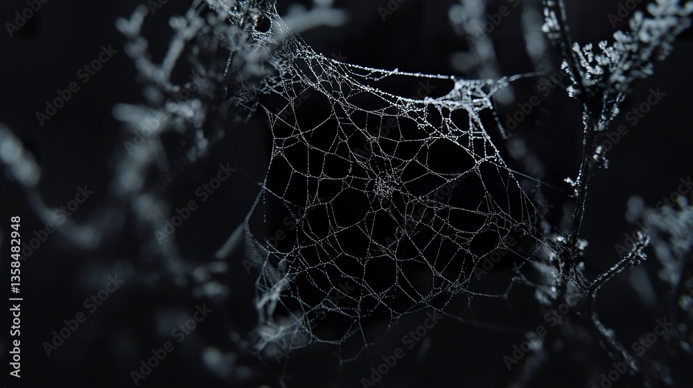 Wall mural a spider web with intricate patterns, starkly visible against a black background, soft lighting acce