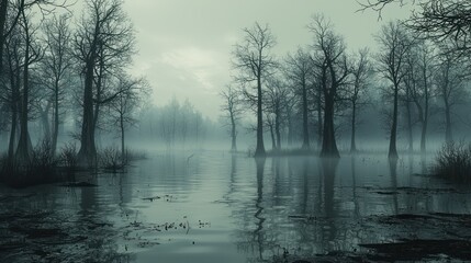 Obraz premium Foggy swamp landscape with bare trees reflecting in still water.