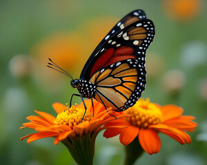 Naklejka premium A bright orange monarch butterfly with black and white patterns adorning its wings, perched amidst a sunflower.