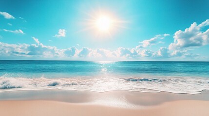 Fototapeta premium Serene Beach Scene with Calm Waves and Bright Blue Sky