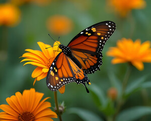 Fototapeta premium A bright orange monarch butterfly with black and white patterns adorning its wings, perched amidst a sunflower.