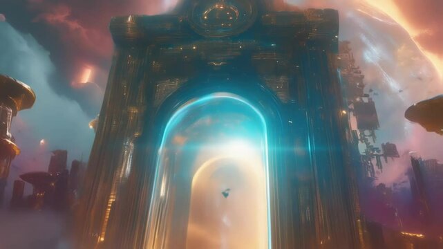 A massive ornate portal framed by intricate glowing runes stands prominently in the square while the vibrant plumes of color seep into the surrounding architecture distorting reality