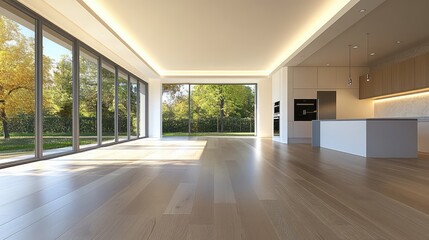 Contemporary interior with a high-quality white painted wall and natural oak flooring. Sunlight filters through, adding warmth and brightness.