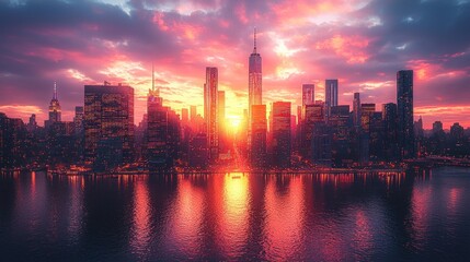 Fototapeta premium Vibrant sunset over city skyline reflected in water.