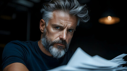 Obraz premium Portrait of a Focused Middle Aged Businessman Reviewing Documents in Low Light