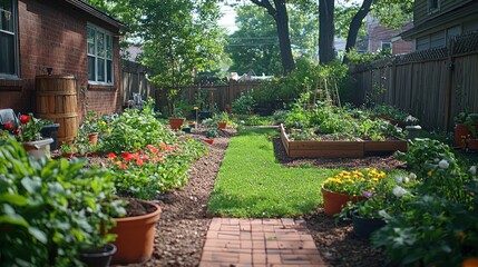Sunlit backyard garden with raised beds, flowers, and brick path.