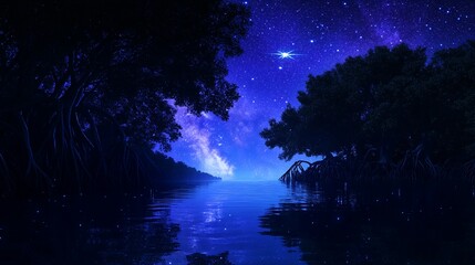 Fototapeta premium A Tranquil Nightscape Reflecting Stars Over Calm Waters and Silhouetted Trees