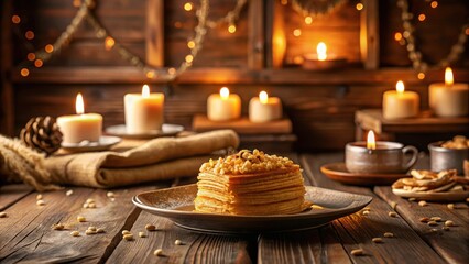 Obraz premium Cozy autumnal evening featuring a delectable stack of layered dessert topped with nuts, presented on a rustic wooden table illuminated by the warm glow of candles