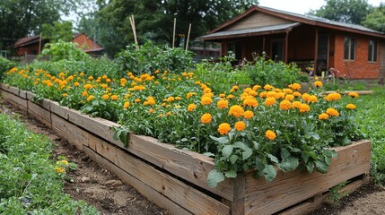 Raised garden bed with vibrant orange flowers and greenery.