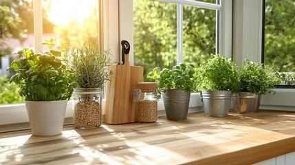 Fototapeta premium Sunlit kitchen windowsill with potted herbs, grains, and cutting board.