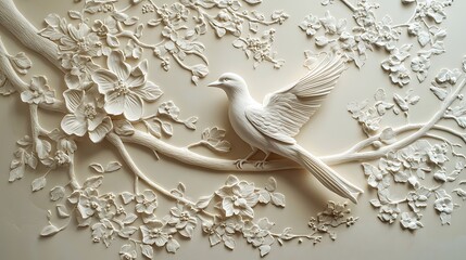 Studio-lit wall decor using latex fiber strands to form detailed bird and floral motifs