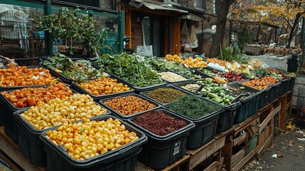 Colorful array of fresh vegetables and herbs at an outdoor market stall.