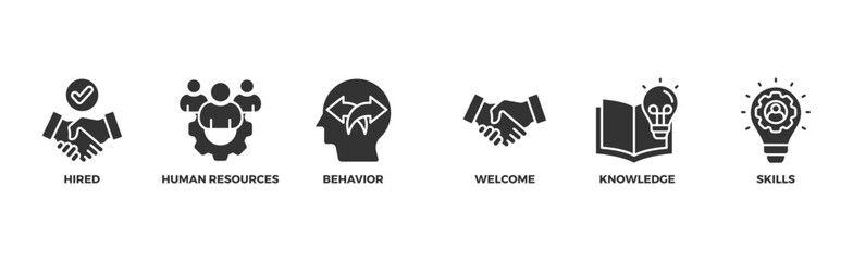 Onboarding banner web icon illustration concept for human resources business industry to introduce newly hired employee into an organization with behavior, welcome, knowledge, and skills icon