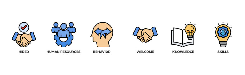 Onboarding banner web icon illustration concept for human resources business industry to introduce newly hired employee into an organization with behavior, welcome, knowledge, and skills icon