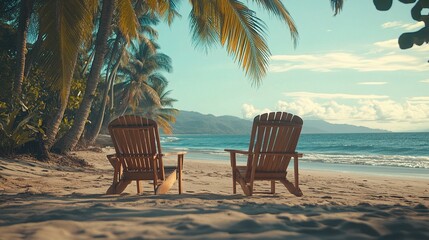 Relaxing Beach Scene with Tropical Chairs Overlooking Calm Waves