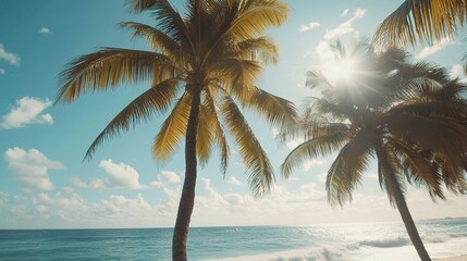 Serene Tropical Beach Scene with Swaying Palm Trees and Blue Ocean
