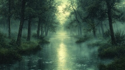 Obraz premium Misty forest path with river.