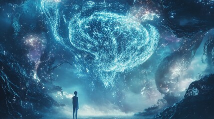 Cosmic Encounter: A Solitary Figure Gaze at a Celestial Brainscape