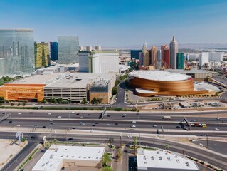 Plakat Las Vegas, Nevada, USA. Aerial view of the Las Vegas strip, showing the Sphere, hotels, casinos, and the I-15 highway. Cars are driving on the highway.
